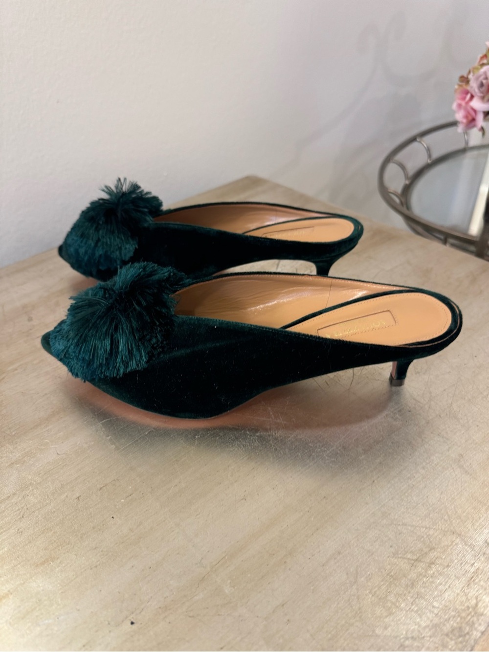 Aquazzura Powder Puff Green Velvet Mules - Picture 4 of 8